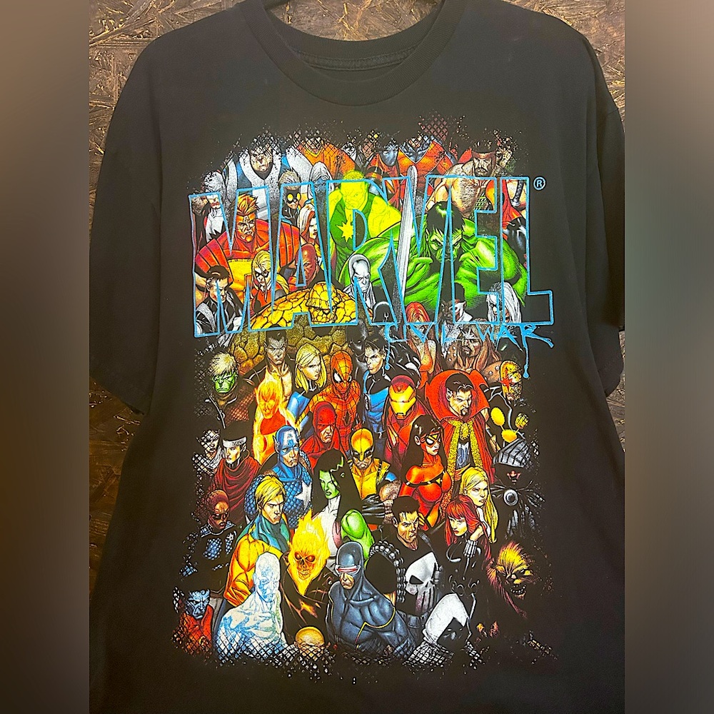 Vintage Rare Marvel Civil War Mad Engine All Characters Shirt XL All Over Print